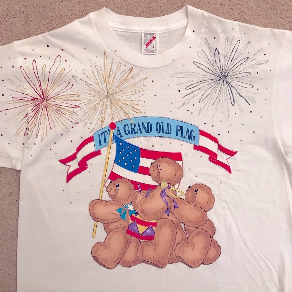 Jerzees Vintage 90s Iron On Graphic Tee Size L Patriotic Teddy Bears USA Made